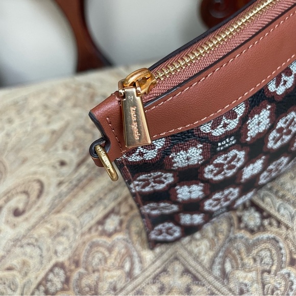 Kate Spade Flower Monogram Sutton Zip Top Pouch Brown Black Coated Canvas - Picture 3 of 9
